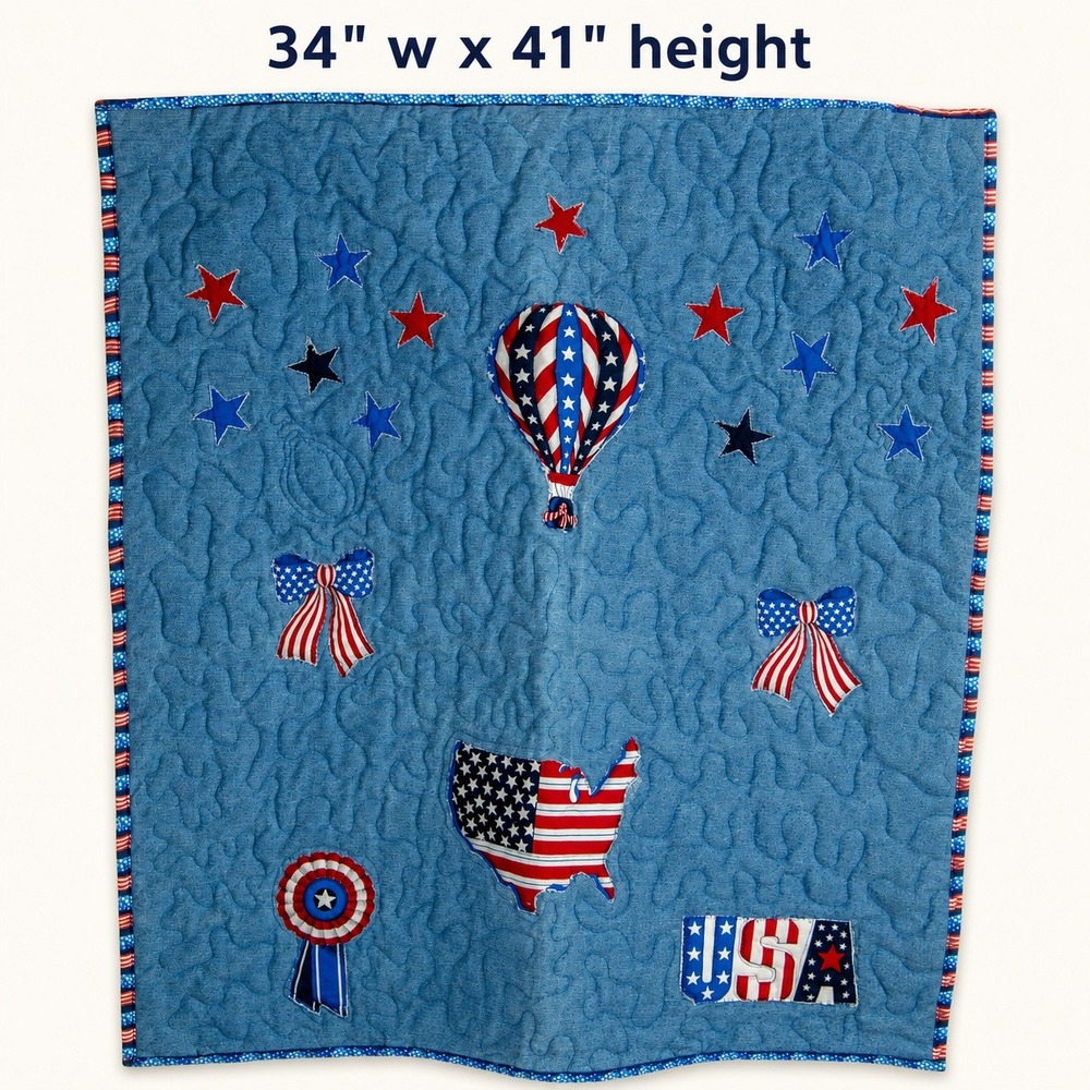 Handmade Patriotic Denim Quilt Americana USA Stars Kids Throw Applique 34 x 41
